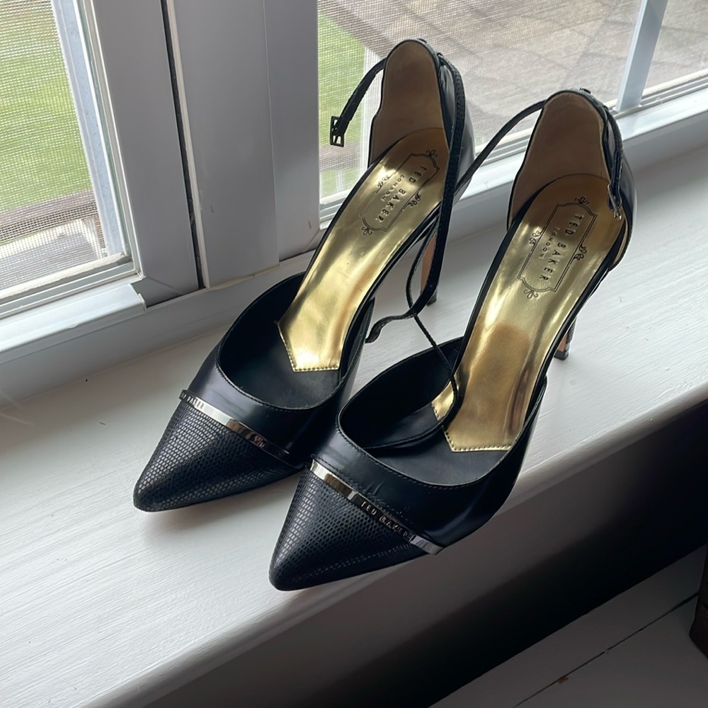 Ted Baker black ankle strap heels with metal detail